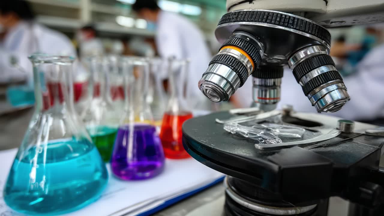 A Detailed View of a Microscope Surrounded by Colorful Laboratory Flasks with Various Chemical Solutions, Highlighting Scientific Research and Experimentation in a Modern Lab Setting