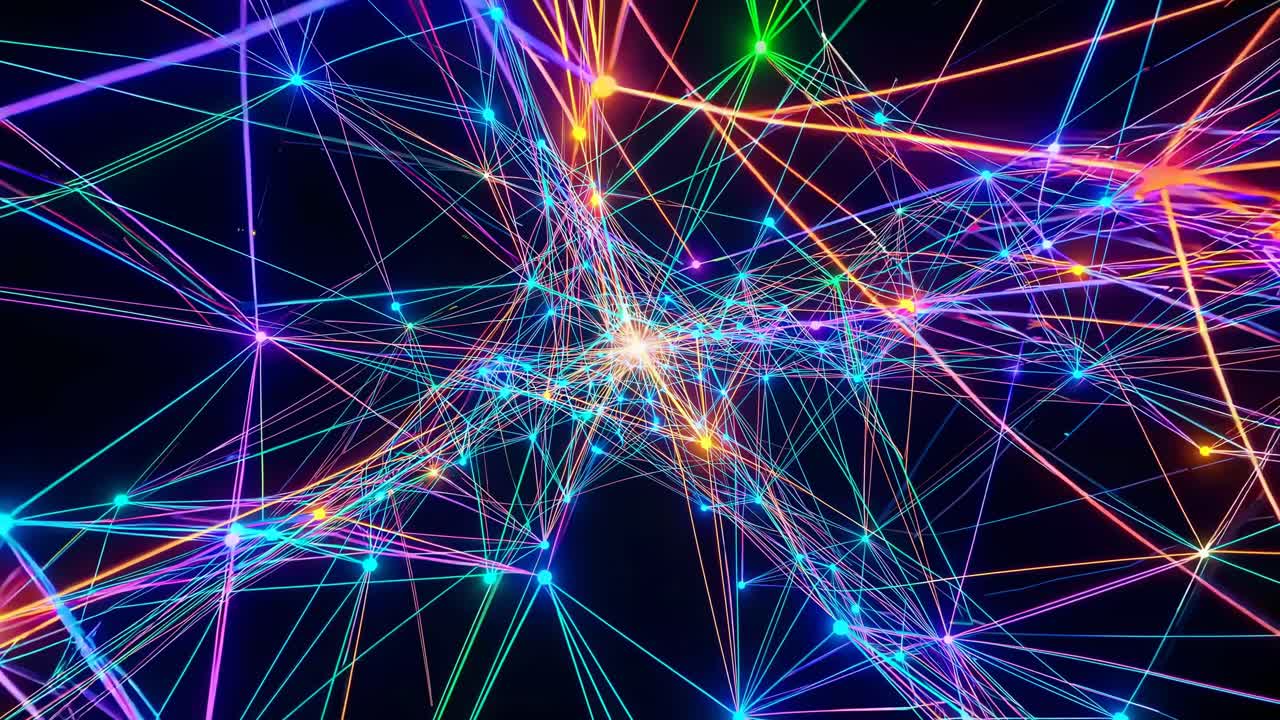 Dynamic video concept with colorful neon lines intersecting in a web-like pattern