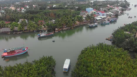 boat is cruising at thu bon river at cam thanh between coconut mangrove, aerial