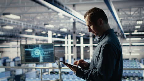 data center technician monitors machine learning process with tablet
