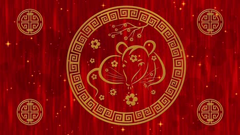 año nuevo lunar, festival de primavera fondo de seda roja con rata dorada, estrellas brillantes y nubes. animación de año nuevo chino para evento de vacaciones. renderización 3d de bucle sin costuras video 4k