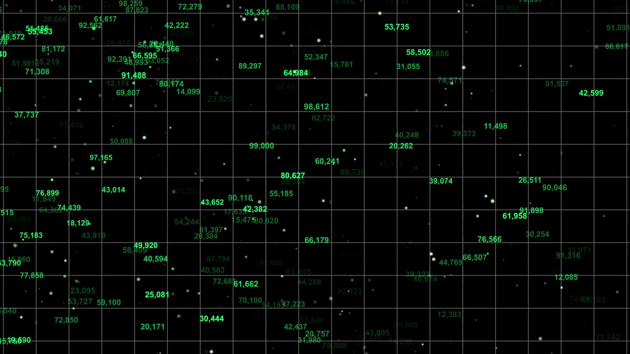 Digital Data Grid with Floating Green Numbers and Particles