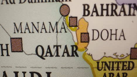 close-up of a map showing qatar and surrounding middle eastern countries