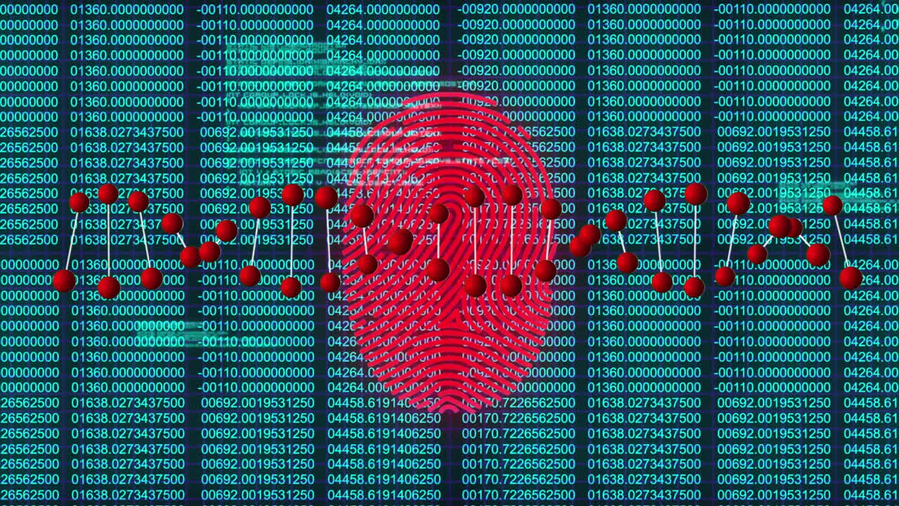 estructura de adn girando sobre el escáner biométrico de huellas dactilares contra la codificación binaria