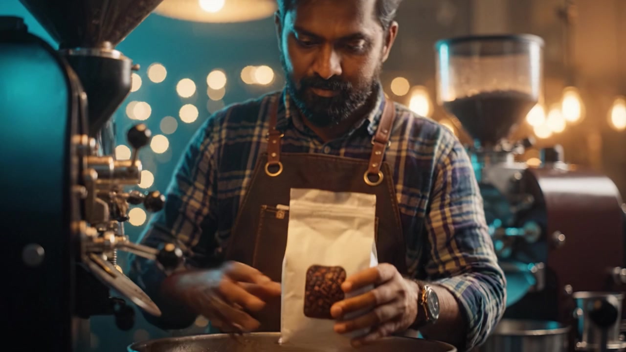 Preparare la Miscela Perfetta: Barista Confeziona Abilmente Chicchi di Caffè Appena Tostati in un'Accogliente Caffetteria con Luce Soffusa