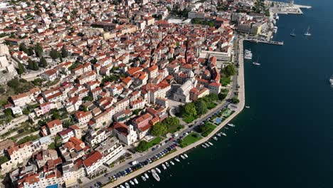 high angle aerial view of sibenik city on the sunny dalmation coast