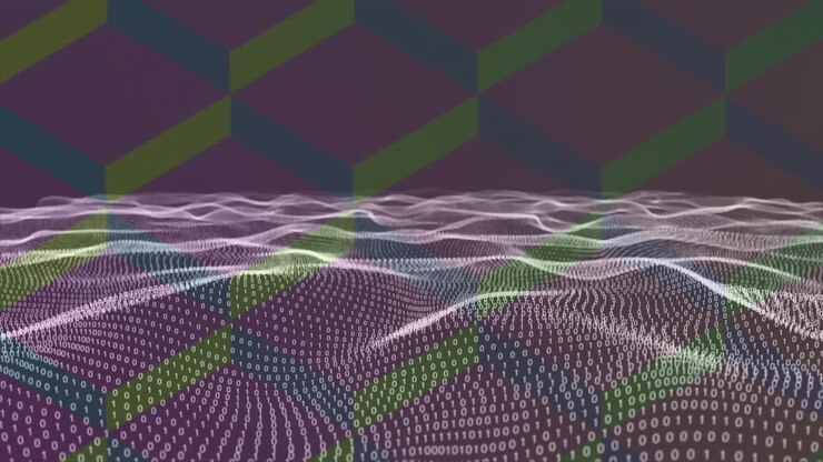 Animazione di codice binario che si forma su uno sfondo geometrico, creando un paesaggio digitale.