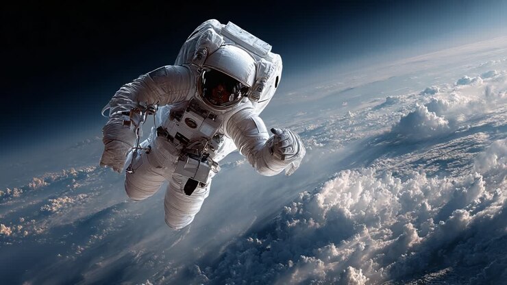 An astronaut floats gracefully through the vibrant and vast expanse of space, perfectly capturing the awe of human exploration among clouds and cosmic wonders