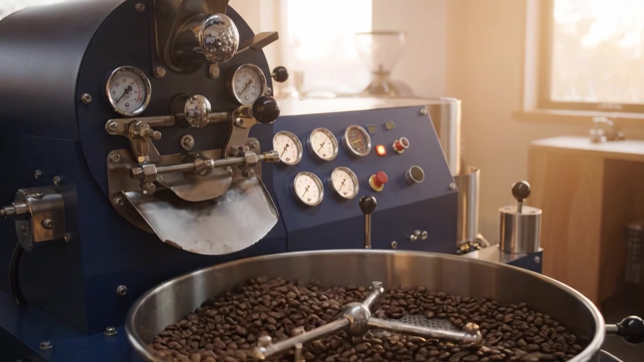 Processo de Torrefação de Café de Alta Tecnologia Apresentando Exibição de Análises em Tempo Real para Insights Otimizados de Torrefação de Grãos em um Ambiente Moderno de Torrefação de Café