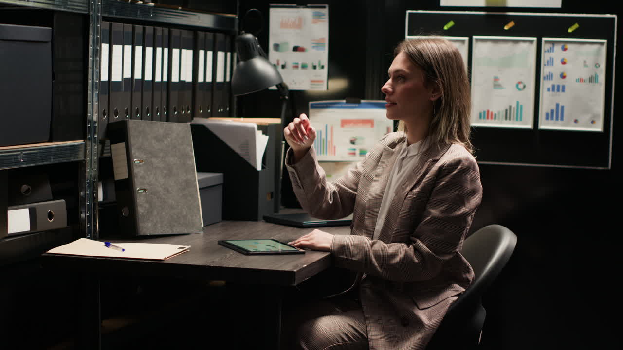 бизнесменка, работающая за своим столом в офисе