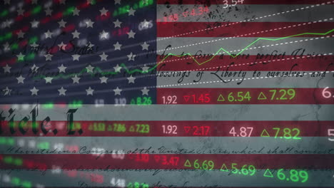 animation of financial data processing over american flag