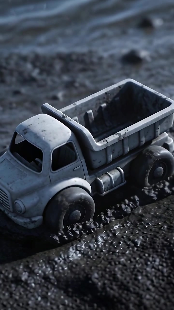 Video verticale: Camioncino giocattolo che rotola dopo un'inclinazione, avanzando lentamente su una piana fangosa verso l'acqua, con i pneumatici ricoperti di fango.