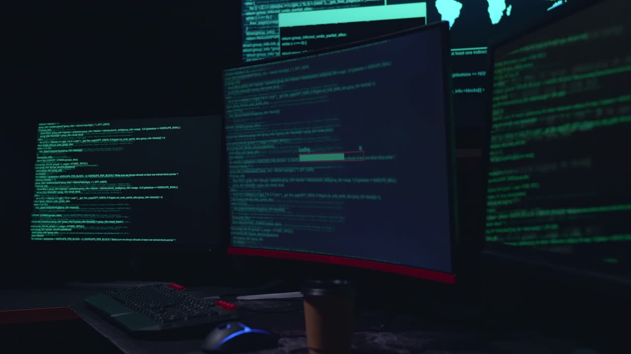Code On Multiple Computer Screens And Success Downloading Data, Cyber Attack