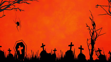 animation of spiders and halloween cemetery on orange background