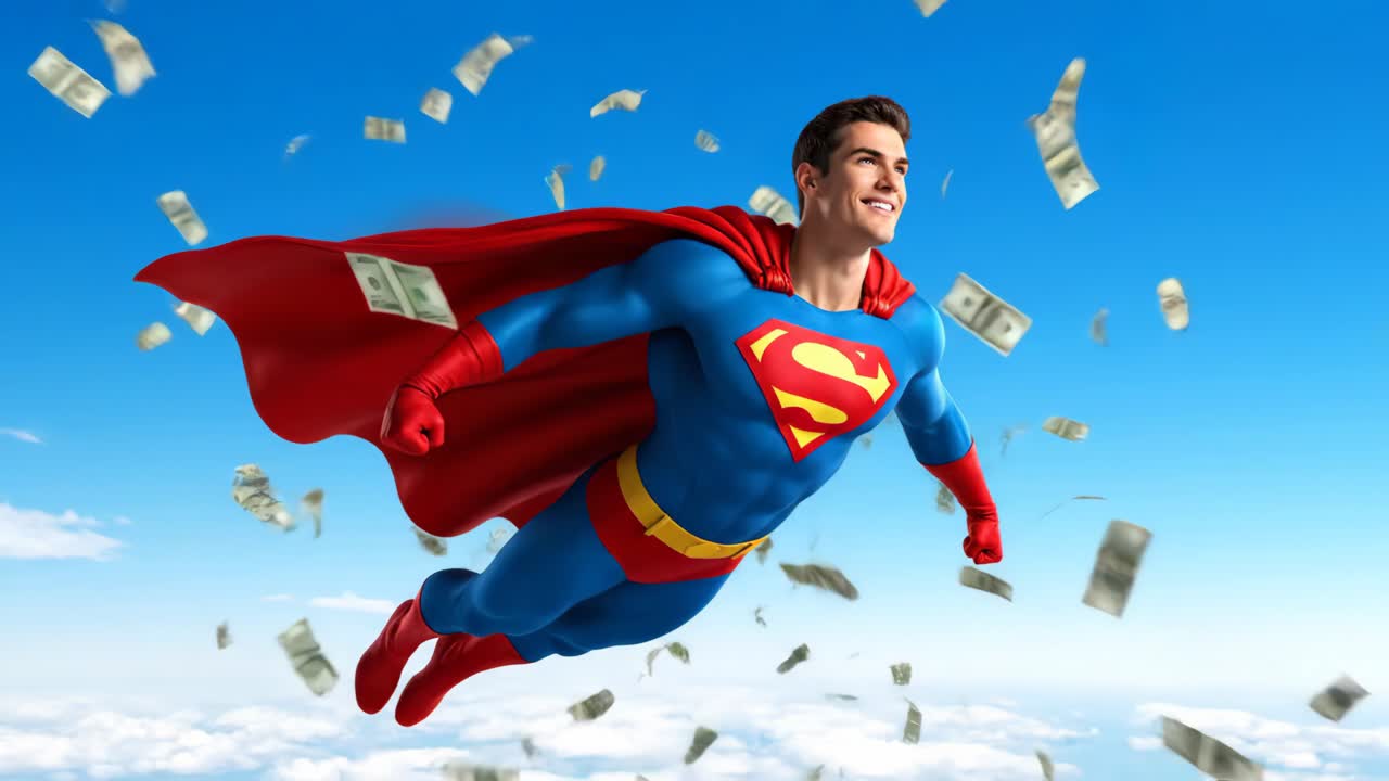 Superman flying through the sky with money