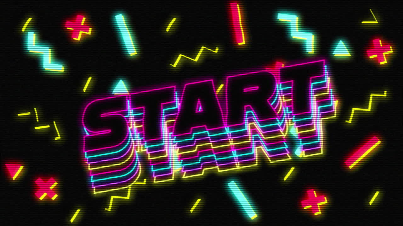 Animazione schermata di videogioco vintage con la scritta avvia