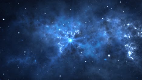 4k loop space background. camera is flying through the dark blue color nebula.