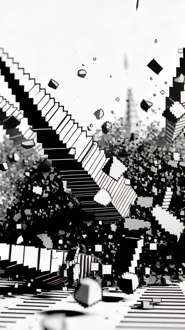 Video verticale: Torri a gradini segmentate che crollano, rilasciando cubi che cadono in un paesaggio monocromatico.