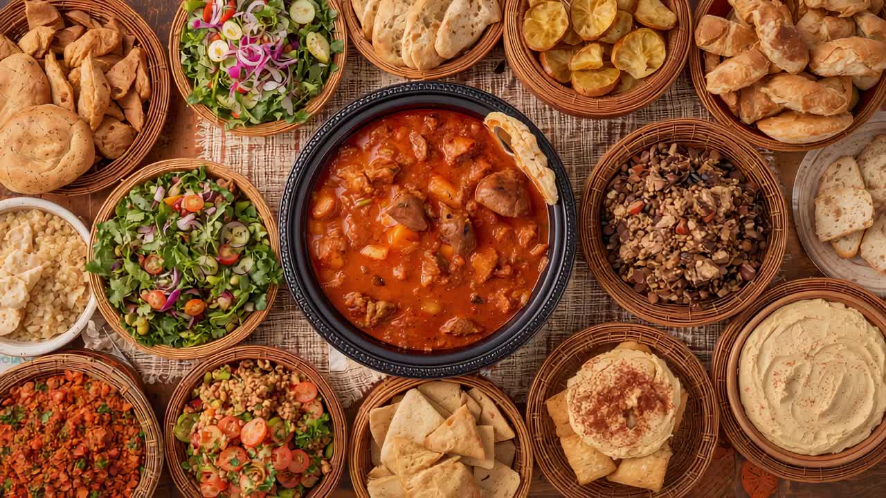 Kameraet zoomer inn og strammer rammen rundt bordet, fokuserer på en svart grytebolle, hummus og pitabrød til buffé.
