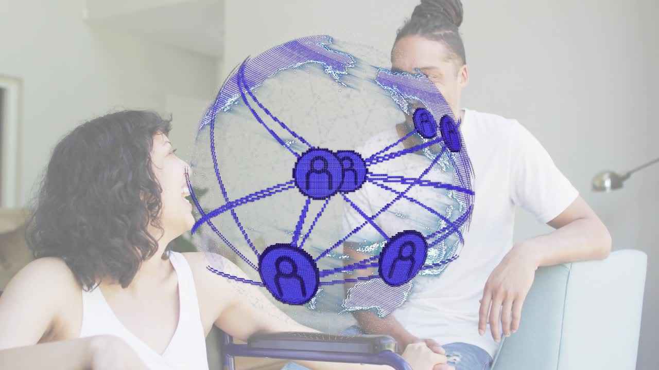 When 3D globe fading in between woman and man, friends exploring digital network for collaboration
