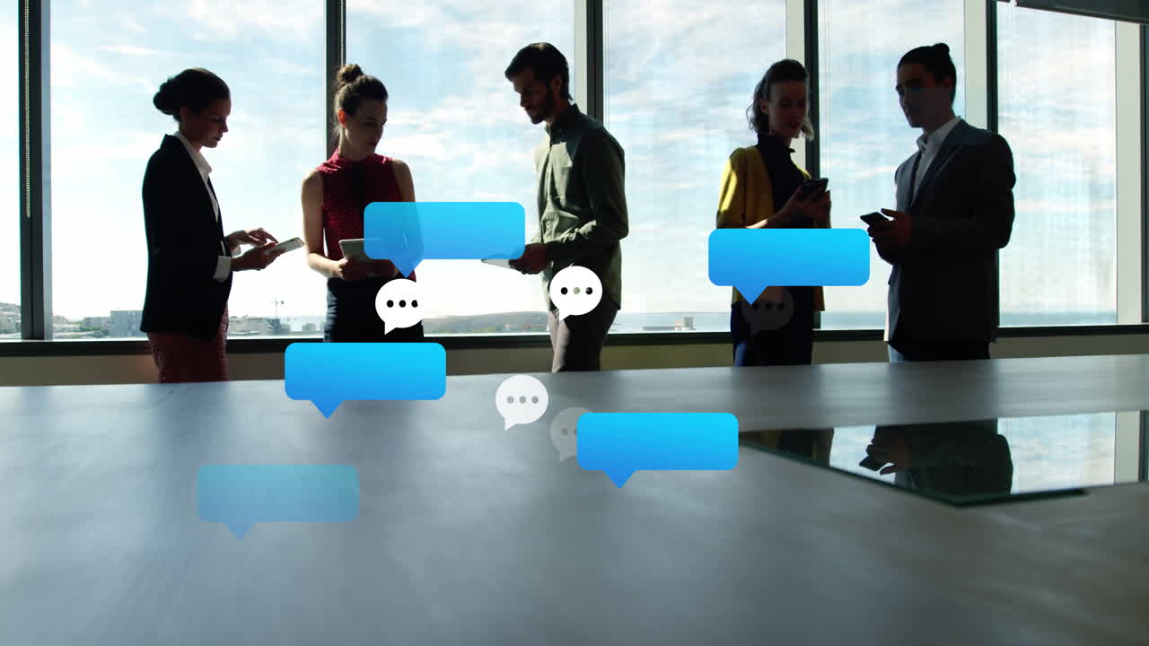 People using smartphones with chat bubble animations over office background