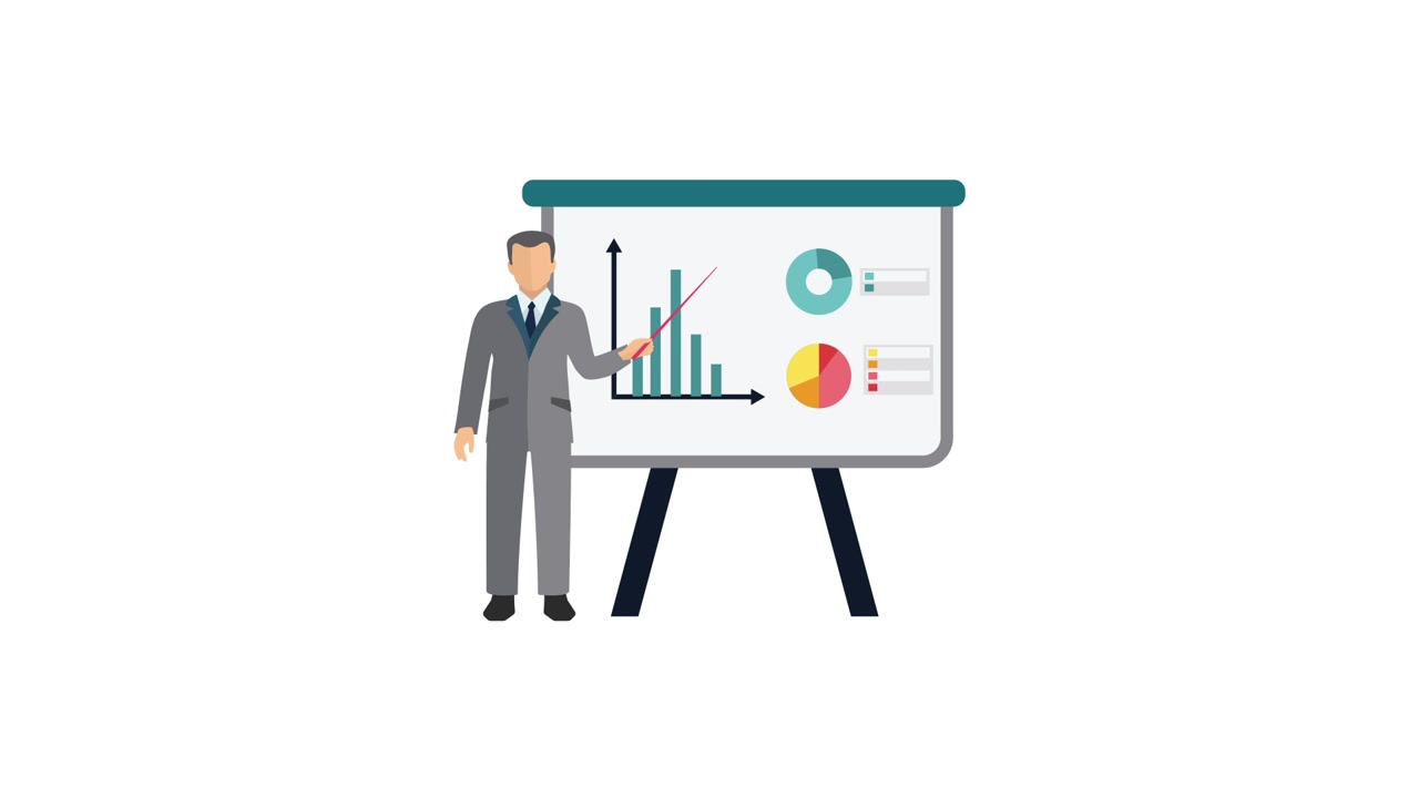 Animated Businessman Presenting Data and Charts on a Whiteboard
