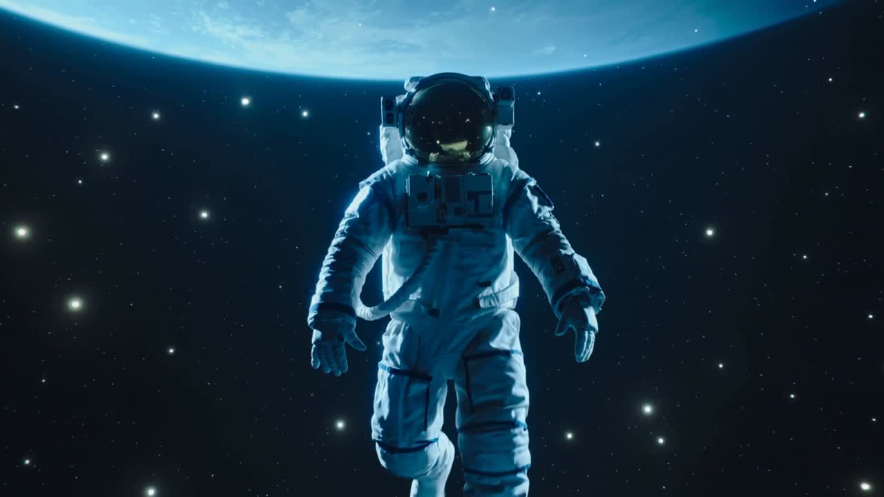 Astronauta con traje EVA blanco pateando, acercándose a la cámara a la deriva en órbita terrestre baja, mostrando el PLSS.