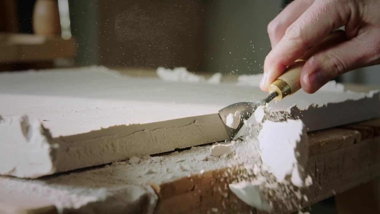 Positioning right hand with bare wrist guiding gouge along white block on bench, trimming edge