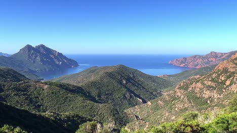 Panoramic-view-of-Scandola-UNESCO-nature-reserve-in-summer-season,-Corsica-island-in-France