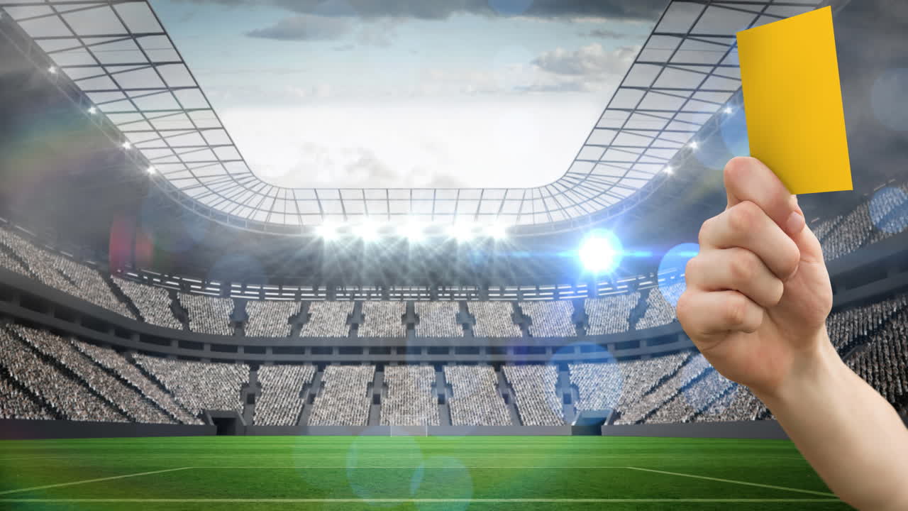 animación de un árbitro sosteniendo una tarjeta de penalización amarilla sobre un estadio deportivo