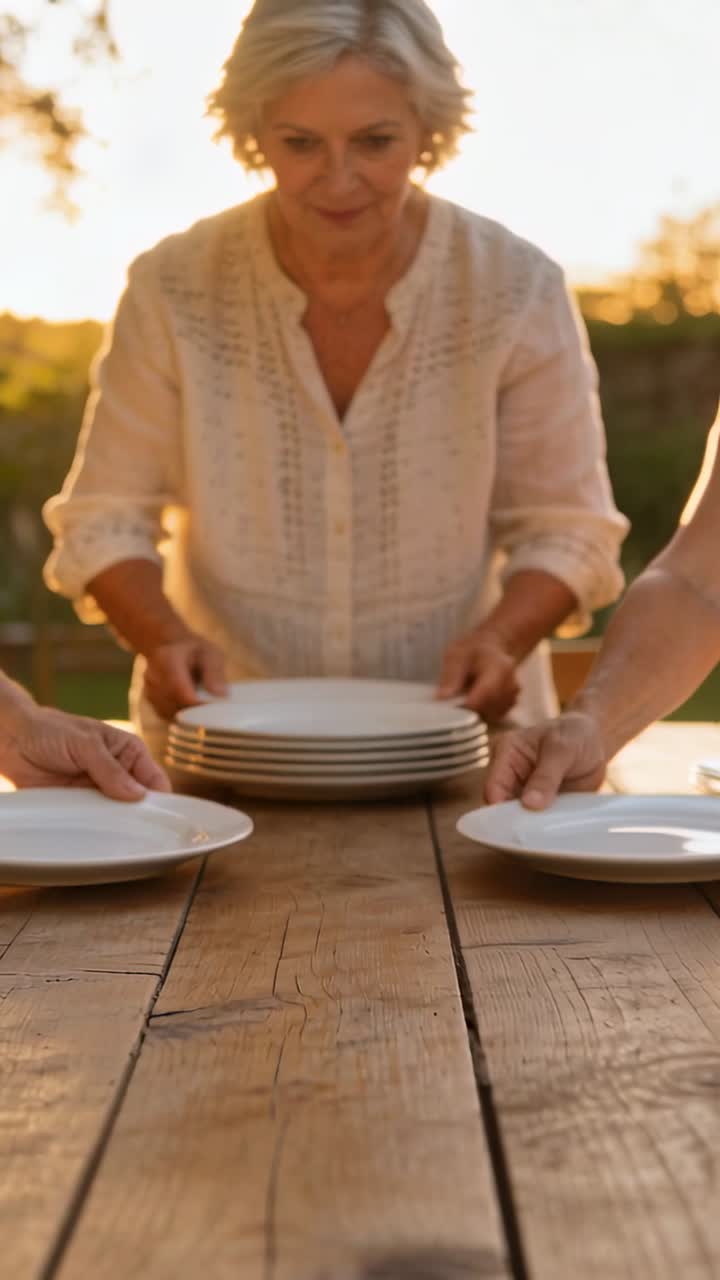 Mulher idosa colocando e alinhando pratos brancos empilhados em uma mesa de madeira rústica no quintal.
