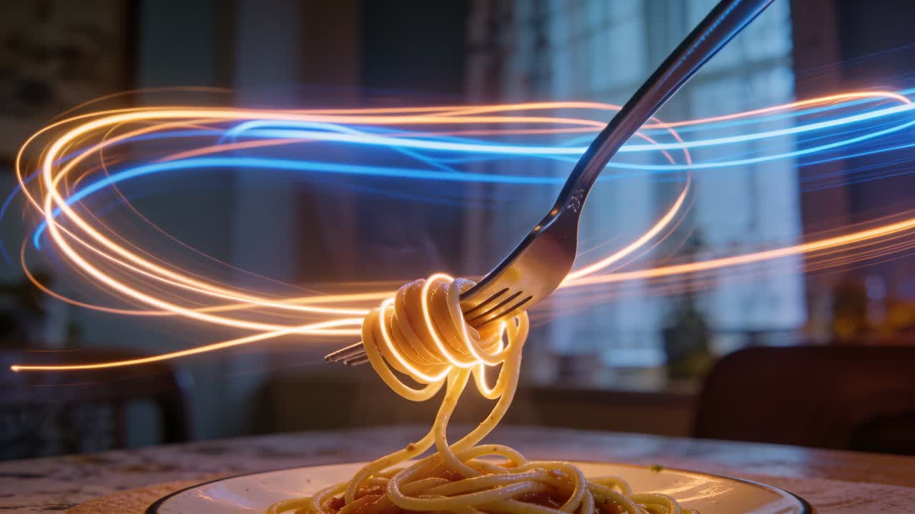 Forchetta di metallo rotante che solleva spaghetti al tavolo da pranzo, preparando un boccone con anelli di luce arancio-blu.