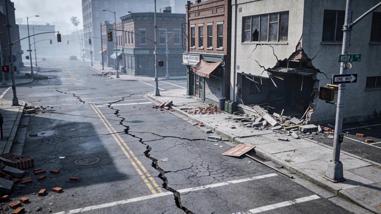Camera capturing fissured asphalt and collapsed facade downtown, documenting post-disaster damage