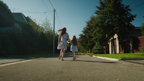 rear view of woman in floral dress holding up skirt slightly as she runs hand in hand with young girl along quiet sunny residential street lined with green trees and houses on warm clear day