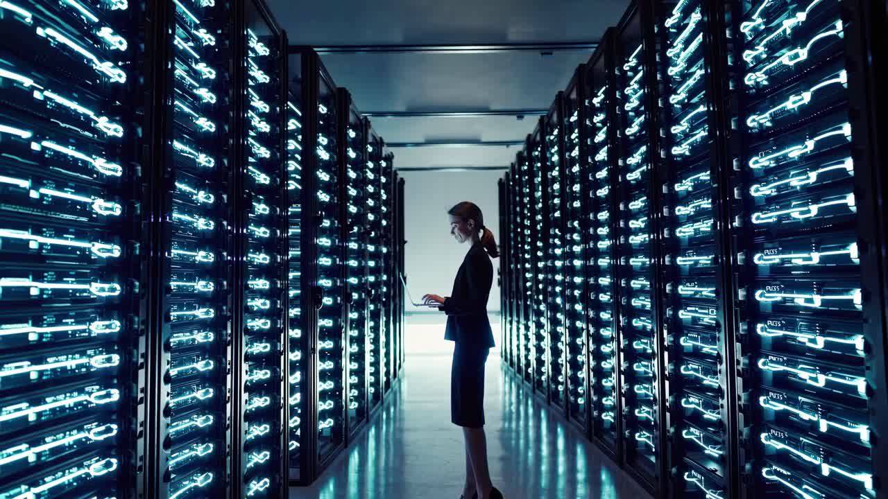 Businesswoman working in a server room