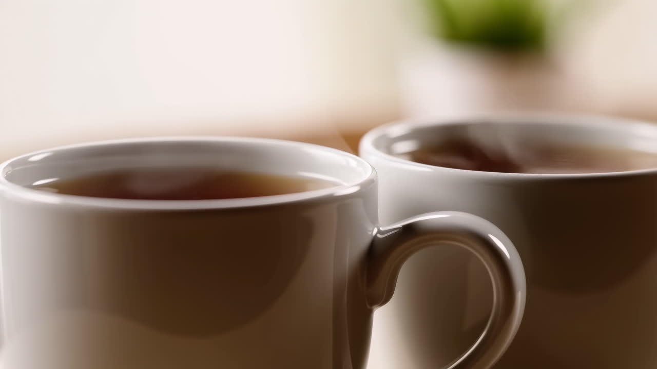 Due tazze di ceramica fumanti su un tavolo, primo piano di caffè caldo con vapore che sale, luce soffusa del mattino e sfondo sfocato.
