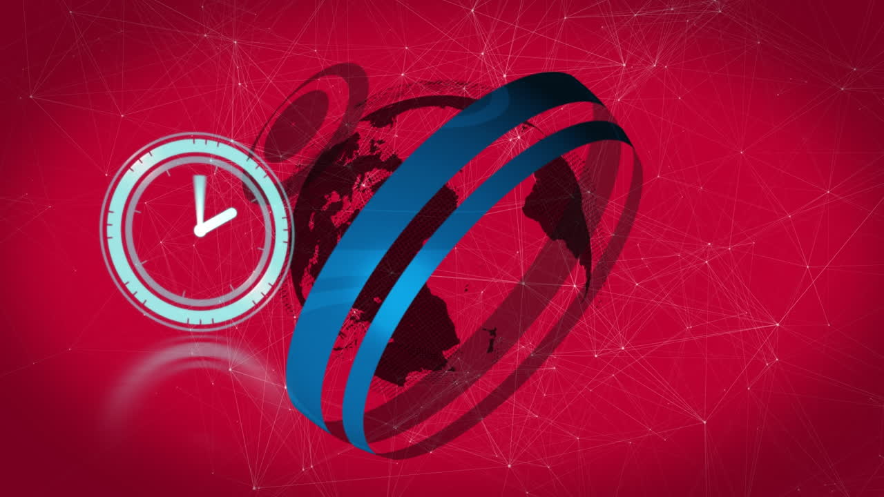 Animation of moving clock and globe over network of connections on red background