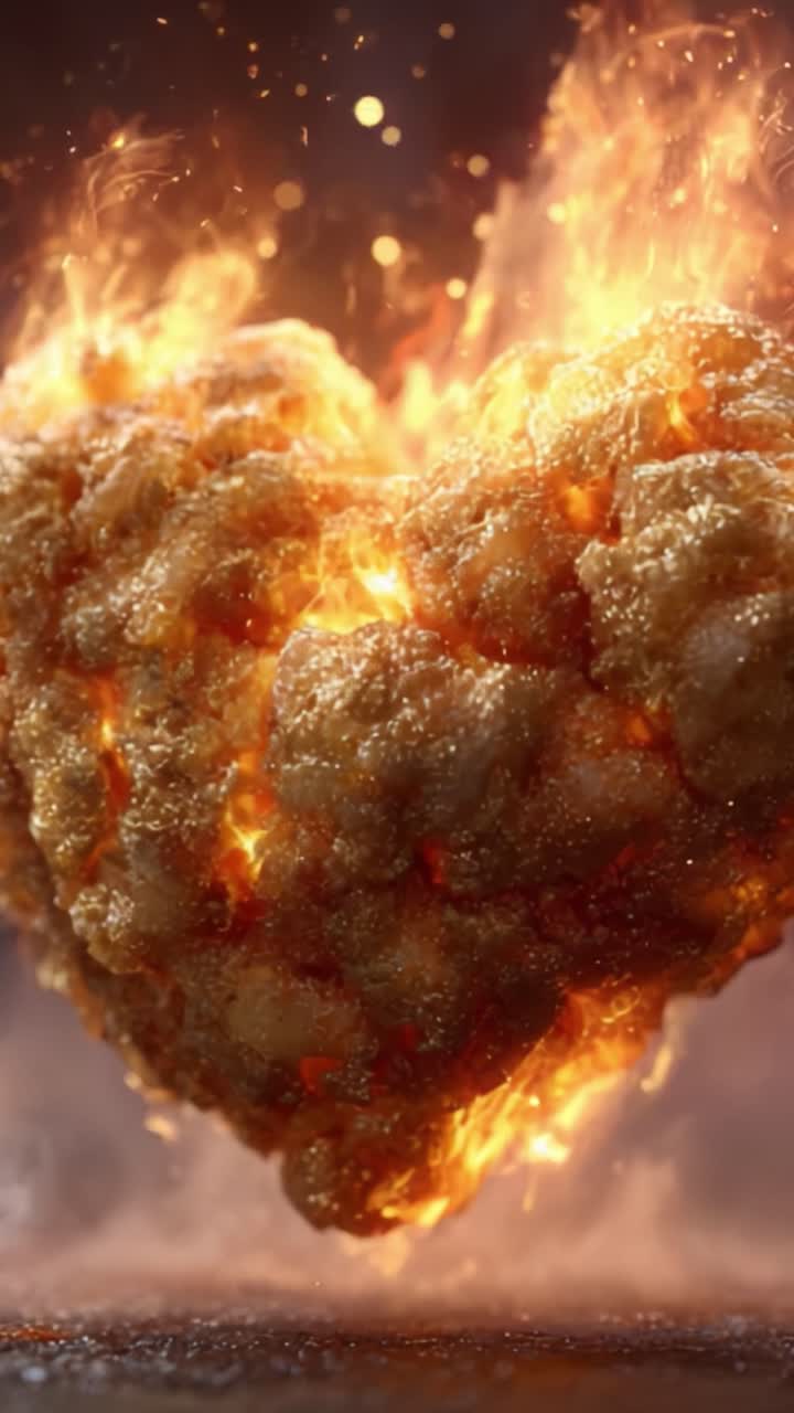 Um coração flamejante assume o centro do palco: uma visualização artística da paixão através de um emblema explosivo e caloroso em forma de coração, cercado por chamas e calor radiante