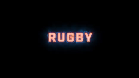 a short high quality motion graphic typographic reveal of the words "rugby" with various colour options on a black background, animated in and animated out with electric, misty elements