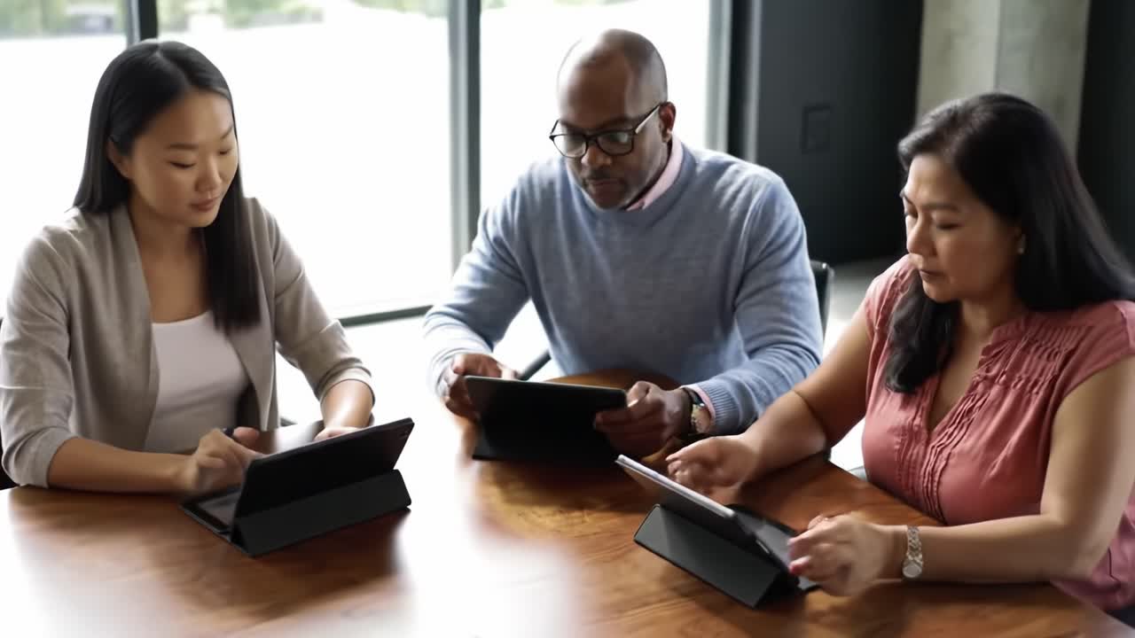 Group of Three Professionals Engaging in Serious Discussion while Using Tablets at a Conference Table for Collaborative Work and Idea Exchange