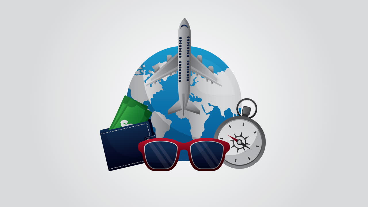 viaje alrededor del mundo animación con el planeta tierra y los artículos