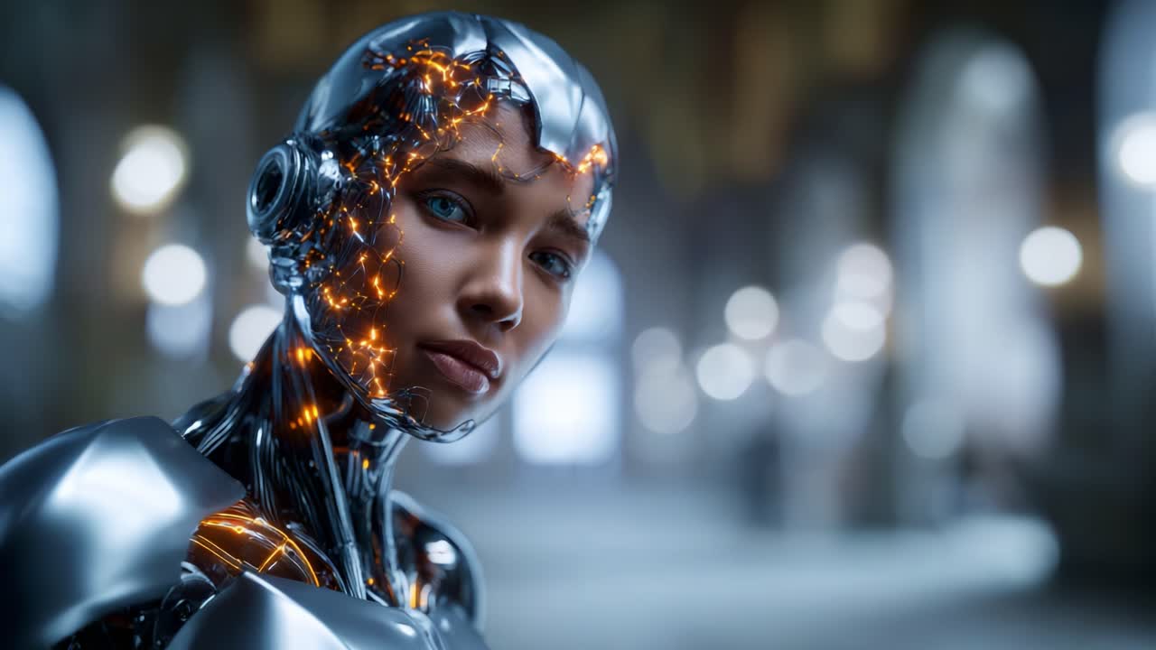 Un robot umanoide futuristico con caratteristiche elettriche luminose, che mette in mostra una tecnologia avanzata e un aspetto realistico, fondendo intelligenza artificiale e qualità umane