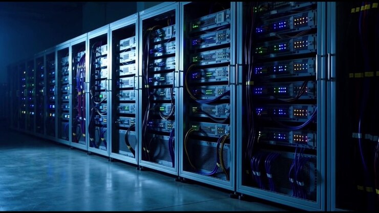 Row of Server Racks in a Modern Data Center