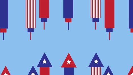 animación de la bandera estadounidense decorada con fuegos artificiales de celebración que se mueven sobre un fondo azul
