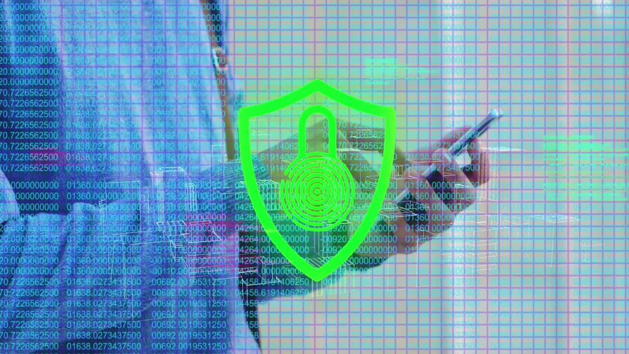 animación de números y candado digital sobre las manos de un hombre caucásico usando un teléfono inteligente