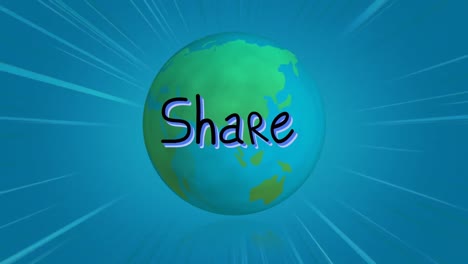 animation of network of connections with share text and globe on blue background