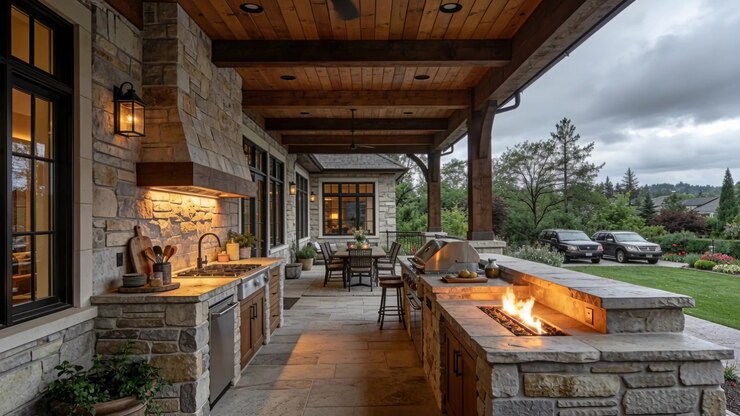 Showing stone outdoor kitchen and covered porch with grill flame growing, clouds shifting outside