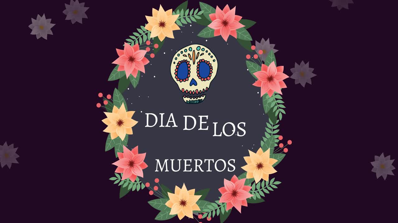 анимация dia de los muertos и черепа в круге цветов на коричневом фоне