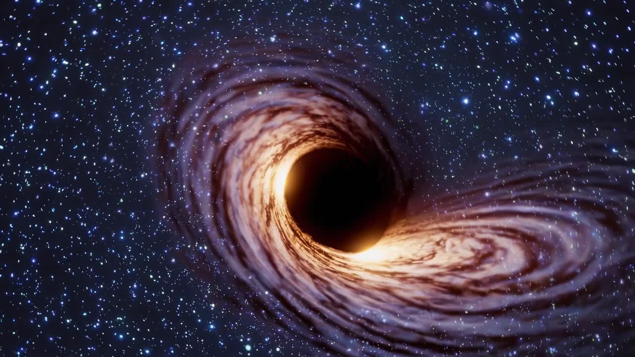 A mesmerizing video still of a swirling black hole in space, captured from a top-down angle