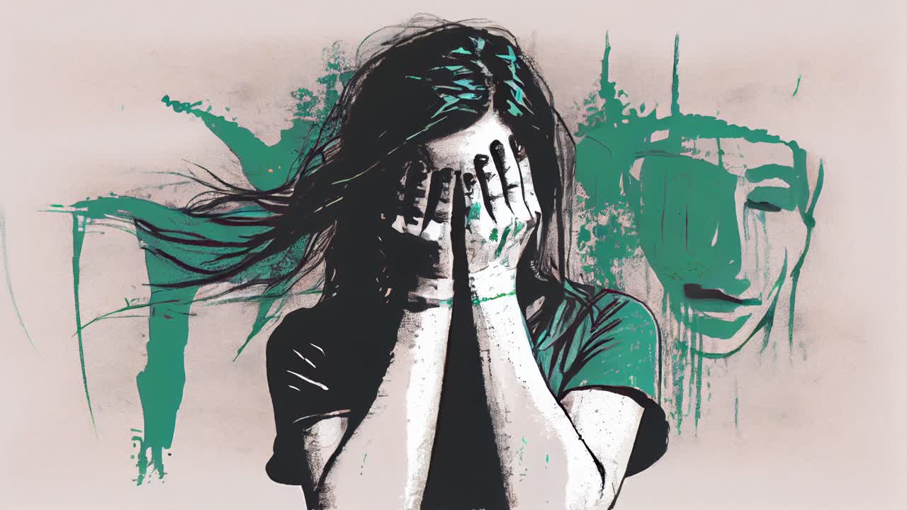 loop di animazione di una donna disegnata a mano che si copre la faccia a causa di depressione e ansia